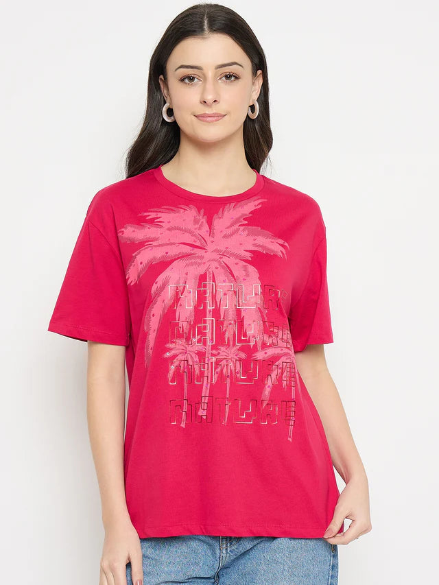 MADAME Hot Pink Cotton Printed T-Shirt