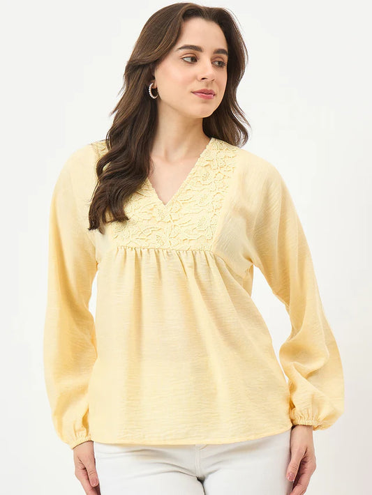 MADAME Yellow Printed Puff-Sleeve Top