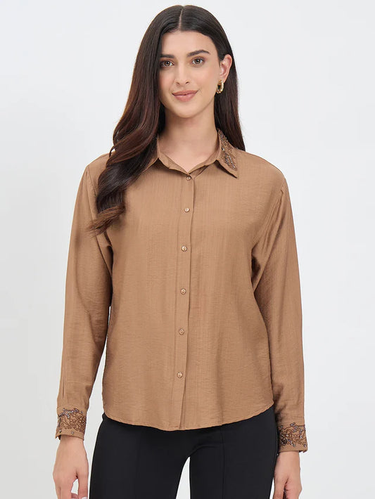 MADAME Solid Brown Rayon Blend Shirt