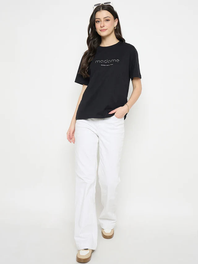 MADAME Black Cotton Printed T-Shirt