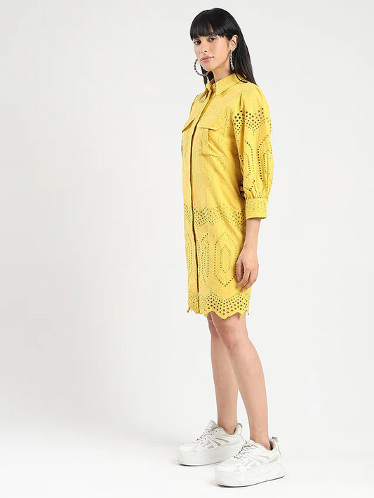 MADAME Schiffli Mustard Yellow Midi Shirt Dress