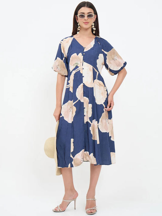 MADAME Navy Blue Floral Printed Dress