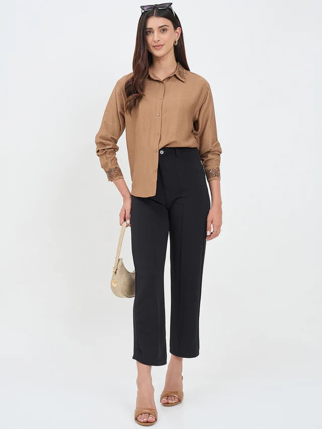 MADAME Solid Brown Rayon Blend Shirt