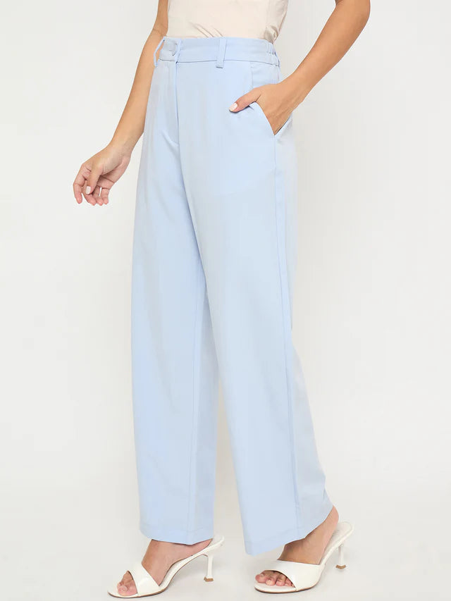MADAME Solid Sky Blue Straight Fit Trousers