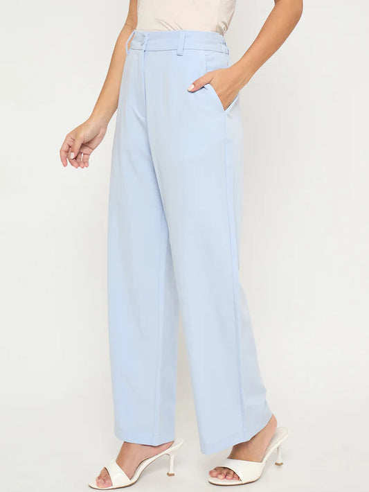 MADAME Solid Sky Blue Straight Fit Trousers