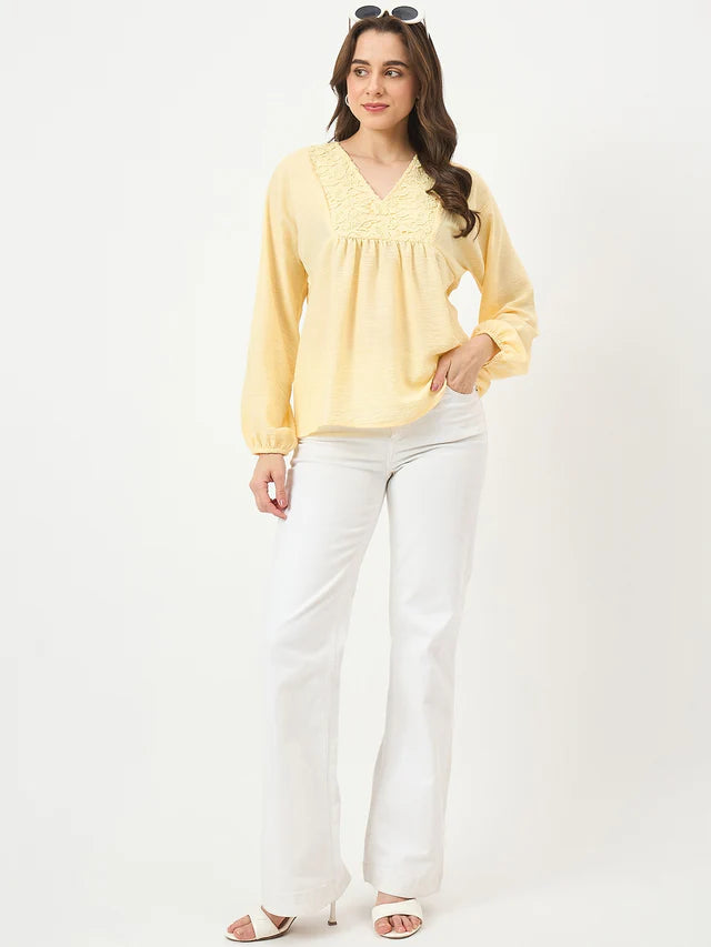 MADAME Yellow Printed Puff-Sleeve Top