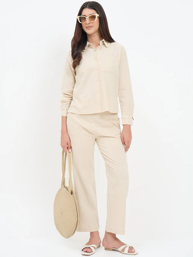 MADAME Collar Embellished Beige Cotton Shirt