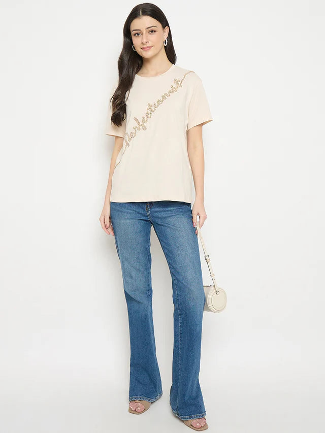 MADAME Beige Cotton Printed T-Shirt