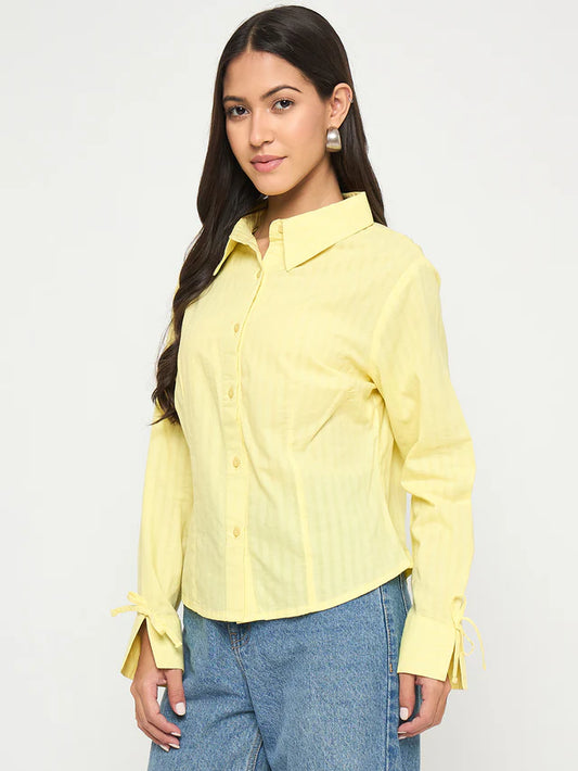 MADAME Tie-Cuff Detail Striped Yellow Cotton Shirt
