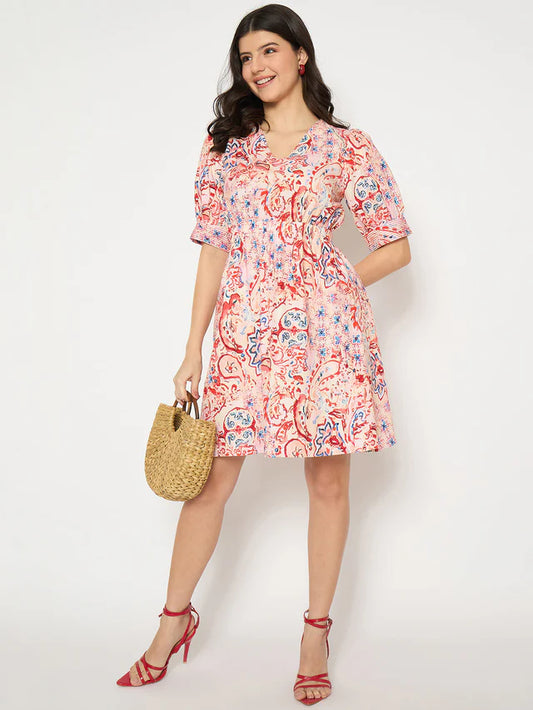 MADAME Paisley Print Elasticated Waist Red Cotton Dress