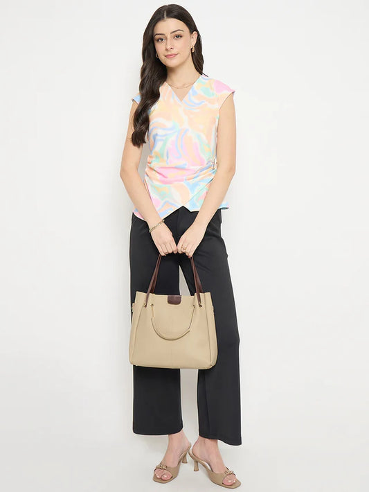 MADAME Peach Abstract Print Asymmetric Wrap Top