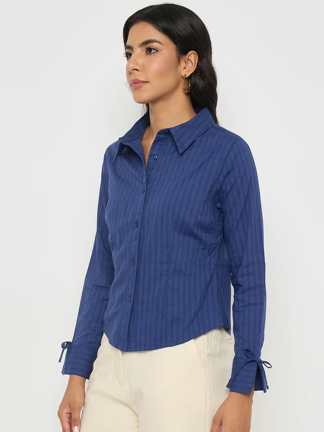 MADAME Striped Solid Navy Cotton Shirt