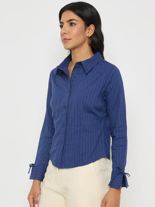 MADAME Striped Solid Navy Cotton Shirt
