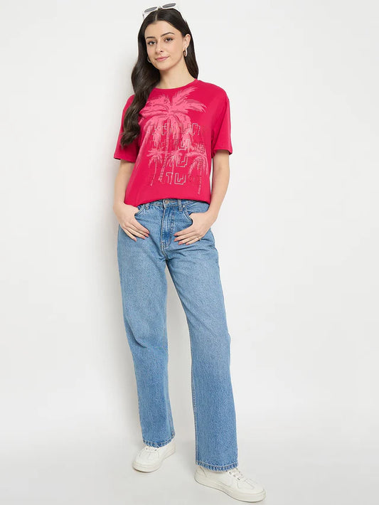 MADAME Hot Pink Cotton Printed T-Shirt