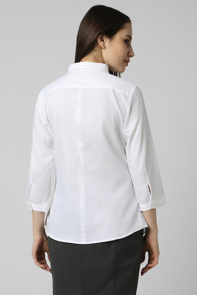 VAN HEUSEN Women White Textured 3/4th Sleeves Formal Shirt Top
