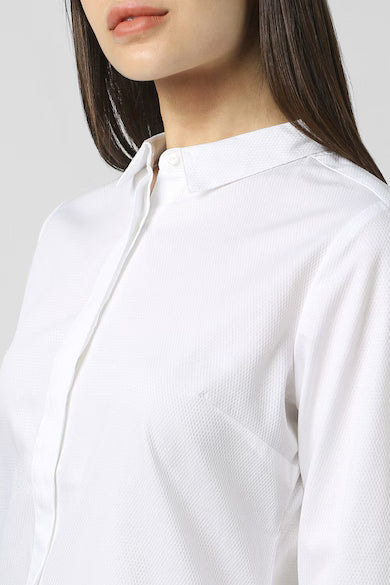 VAN HEUSEN Women White Textured 3/4th Sleeves Formal Shirt Top