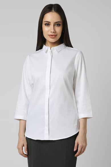 VAN HEUSEN Women White Textured 3/4th Sleeves Formal Shirt Top