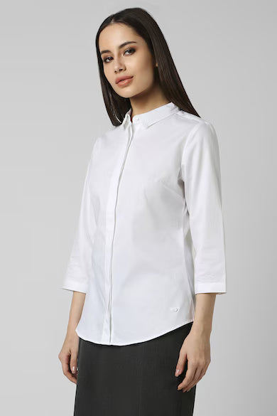 VAN HEUSEN Women White Textured 3/4th Sleeves Formal Shirt Top