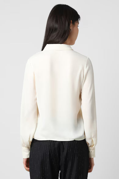VAN HEUSEN Women Cream Solid Long Sleeves Formal Shirt Top