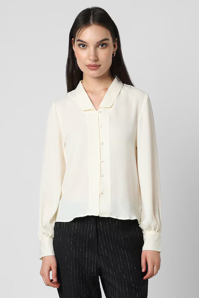 VAN HEUSEN Women Cream Solid Long Sleeves Formal Shirt Top