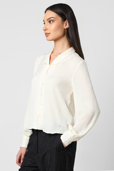 VAN HEUSEN Women Cream Solid Long Sleeves Formal Shirt Top