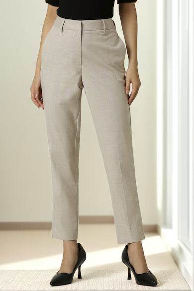 VAN HEUSEN Women Beige Check Formal Contemporary Fit Trouser Pants