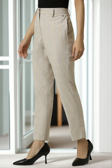 VAN HEUSEN Women Beige Check Formal Contemporary Fit Trouser Pants
