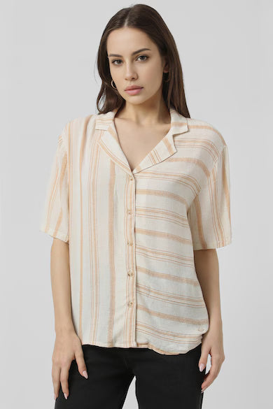 VAN HEUSEN Women Beige Stripe Casual Shirt Top