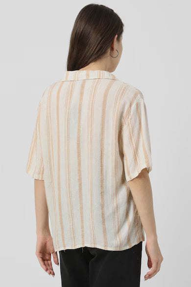 VAN HEUSEN Women Beige Stripe Casual Shirt Top