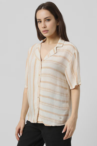 VAN HEUSEN Women Beige Stripe Casual Shirt Top