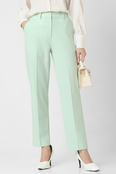 VAN HEUSEN Women Green Solid Formal Regular Fit Trousers