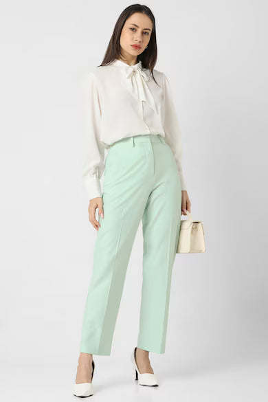 VAN HEUSEN Women Green Solid Formal Regular Fit Trousers