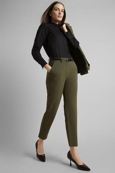 VAN HEUSEN Women Olive Solid Formal Regular Fit Trousers