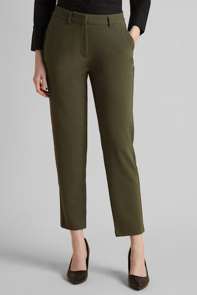 VAN HEUSEN Women Olive Solid Formal Regular Fit Trousers