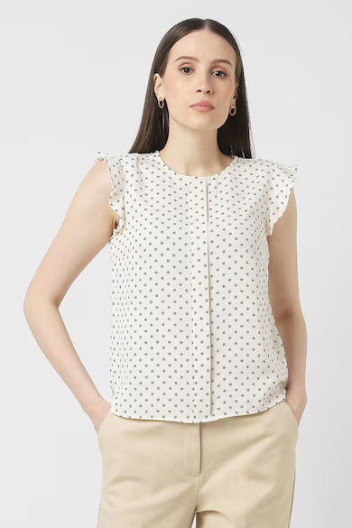 VAN HEUSEN Women Cream Print Formal Round Neck Top