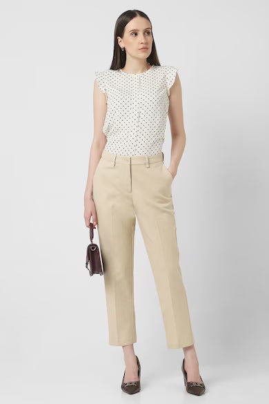 VAN HEUSEN Women Cream Print Formal Round Neck Top