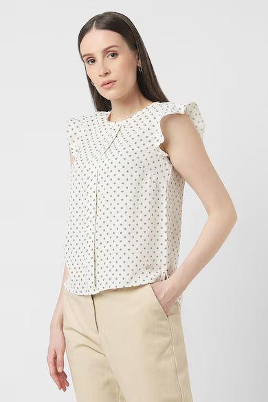 VAN HEUSEN Women Cream Print Formal Round Neck Top