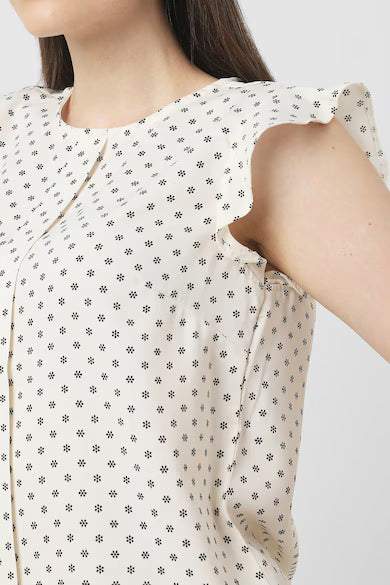 VAN HEUSEN Women Cream Print Formal Round Neck Top