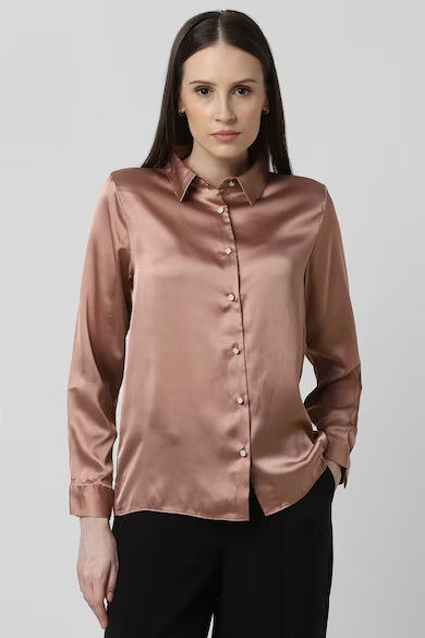 VAN HEUSEN Women Brown Solid Long Sleeves Party Shirt Top