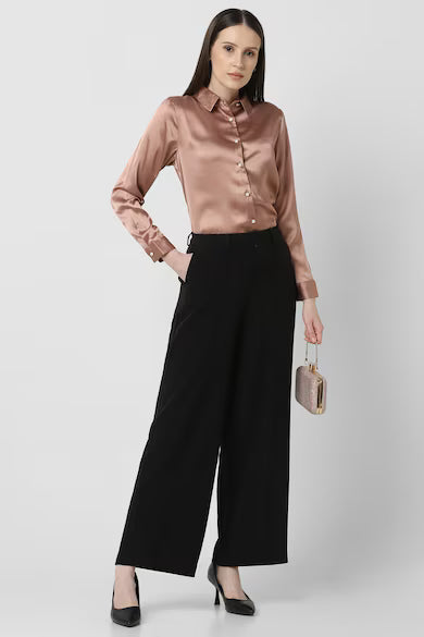 VAN HEUSEN Women Brown Solid Long Sleeves Party Shirt Top
