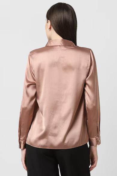 VAN HEUSEN Women Brown Solid Long Sleeves Party Shirt Top