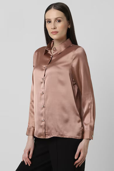 VAN HEUSEN Women Brown Solid Long Sleeves Party Shirt Top
