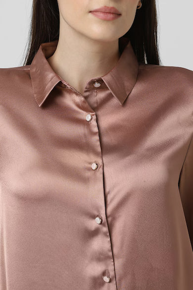 VAN HEUSEN Women Brown Solid Long Sleeves Party Shirt Top