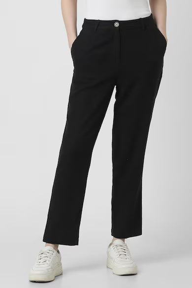 VAN HEUSEN Women Black Textured Linen Blend Casual Trouser Pants