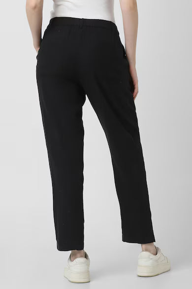 VAN HEUSEN Women Black Textured Linen Blend Casual Trouser Pants