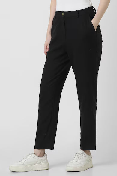 VAN HEUSEN Women Black Textured Linen Blend Casual Trouser Pants