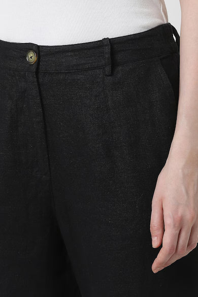 VAN HEUSEN Women Black Textured Linen Blend Casual Trouser Pants