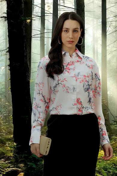 VAN HEUSEN Women Cream Floral Print Long Sleeves Casual Shirt Top
