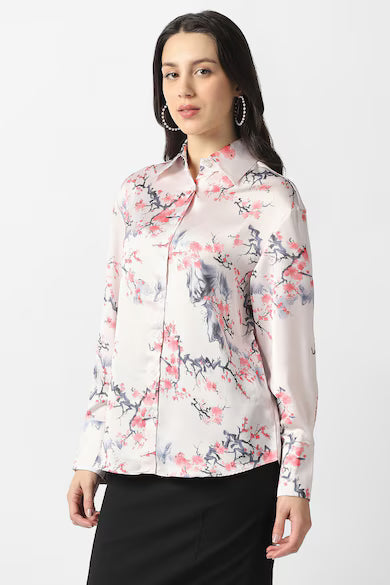 VAN HEUSEN Women Cream Floral Print Long Sleeves Casual Shirt Top