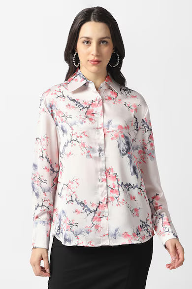 VAN HEUSEN Women Cream Floral Print Long Sleeves Casual Shirt Top